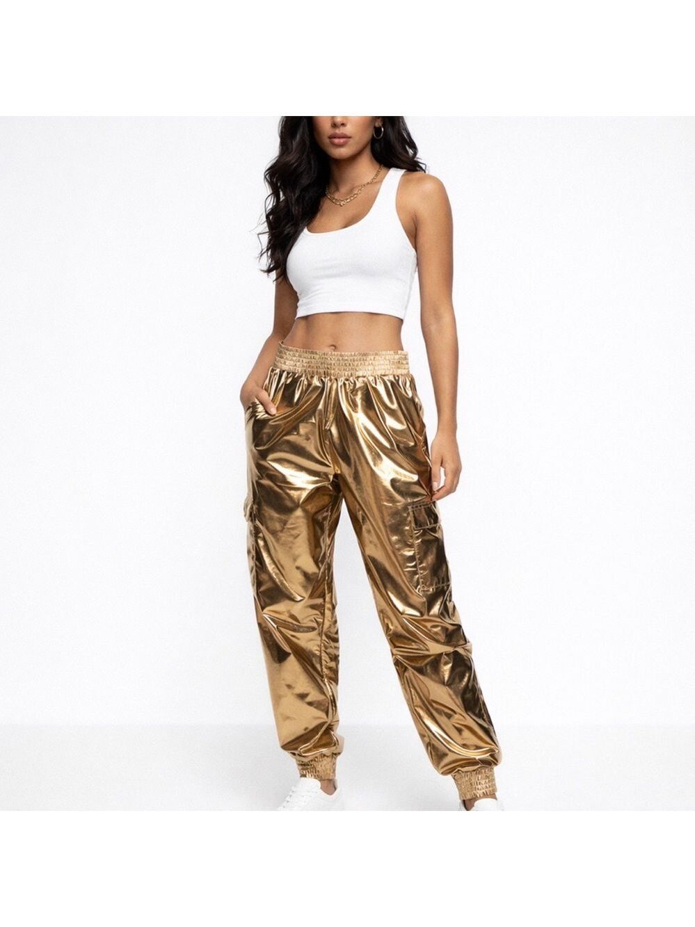 VICTORIA'S SECRET SPORT GOLD LAMÉ MC HAMMER VIBE CARGO LOUNGE JOGGERS SIZE LARGE